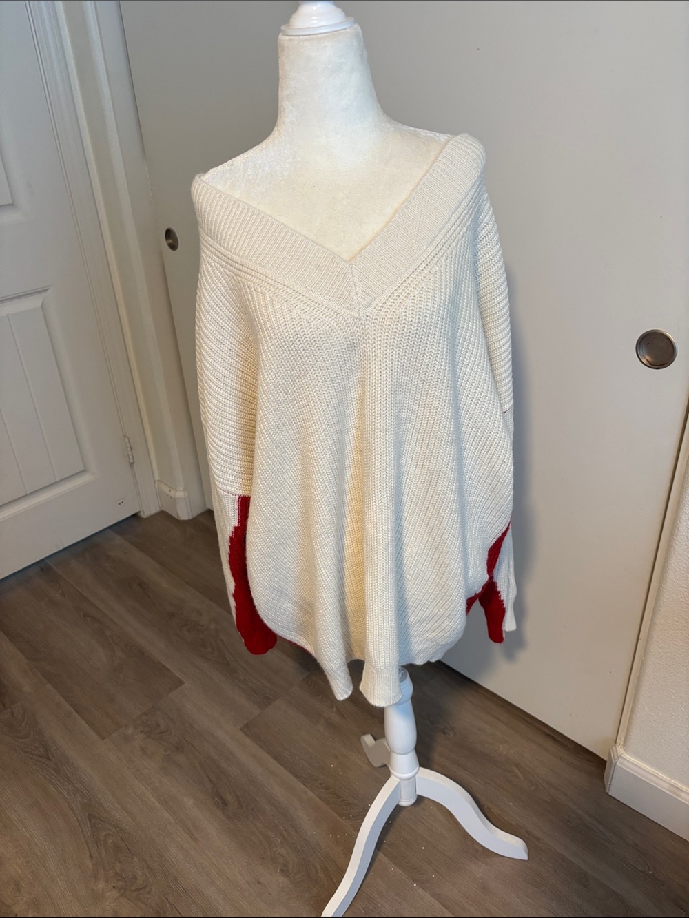 Off-Shoulder Cream Sweater with Red Back